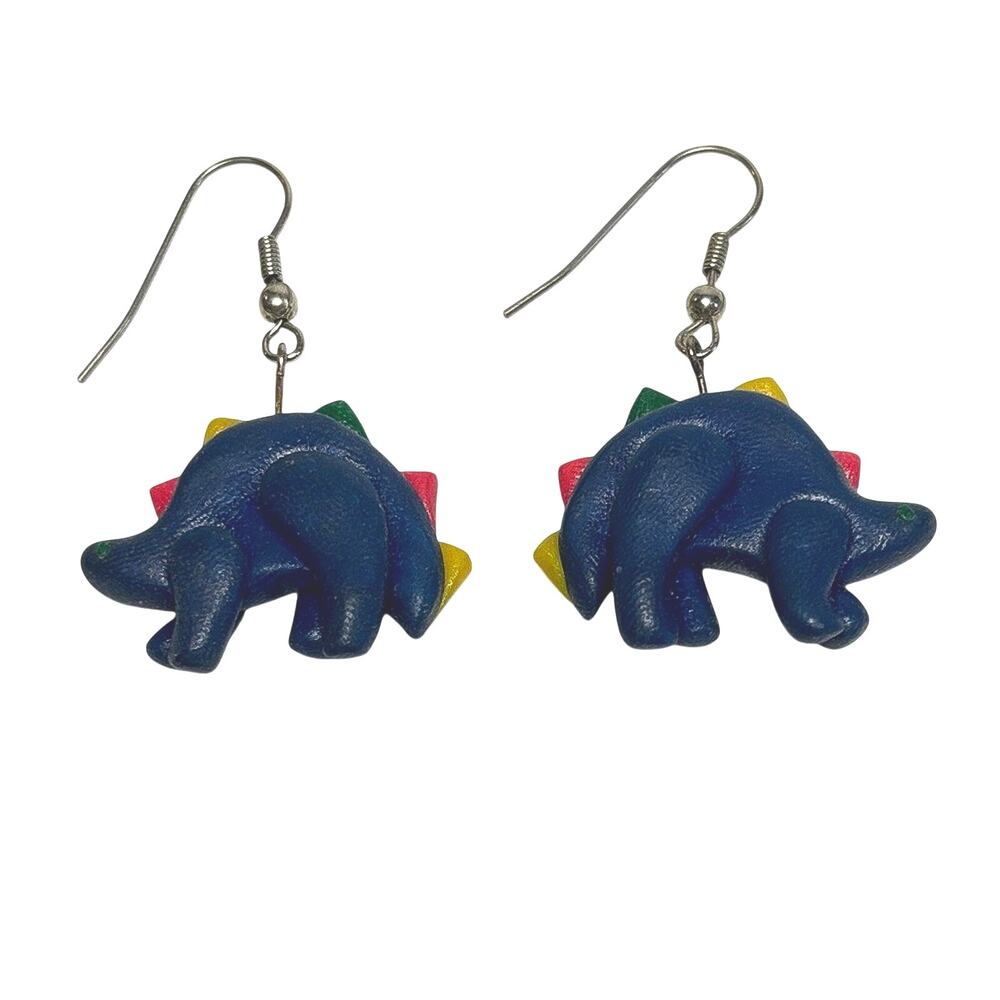 Vintage Stegosaurus Dinosaur Earrings Colorful Rainbow Novelty Dangles